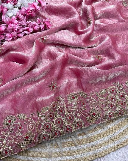 Fandy Satin Silk Saree | 3MM Sequins & Coding Embroidery | Cutwork Border | Stitched Blouse | 6 Colours - Rosepetals Luxe