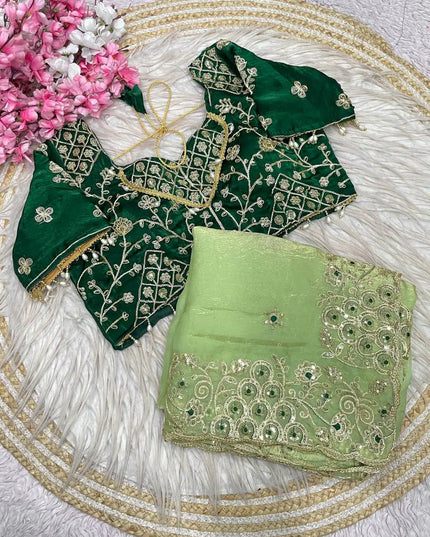 Fandy Satin Silk Saree | 3MM Sequins & Coding Embroidery | Cutwork Border | Stitched Blouse | 6 Colours - Rosepetals Luxe