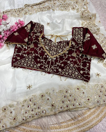 Fandy Satin Silk Saree | 3MM Sequins & Coding Embroidery | Cutwork Border | Stitched Blouse | 6 Colours - Rosepetals Luxe