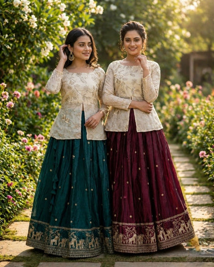 Fandy Silk Pipe & Zari Embroidered Lehenga Choli Set | Fully Stitched - Rosepetals Luxe