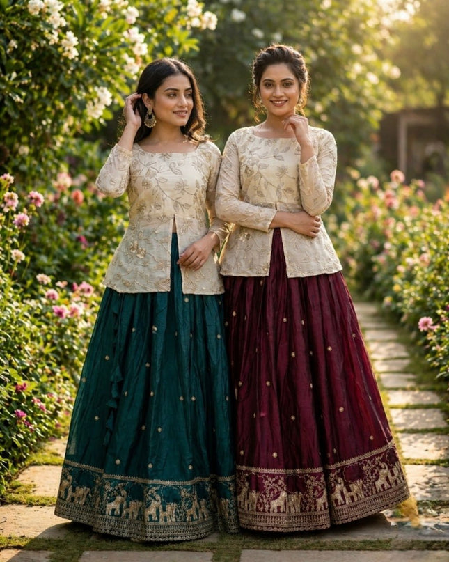 Fandy Silk Pipe & Zari Embroidered Lehenga Choli Set | Fully Stitched - Rosepetals Luxe