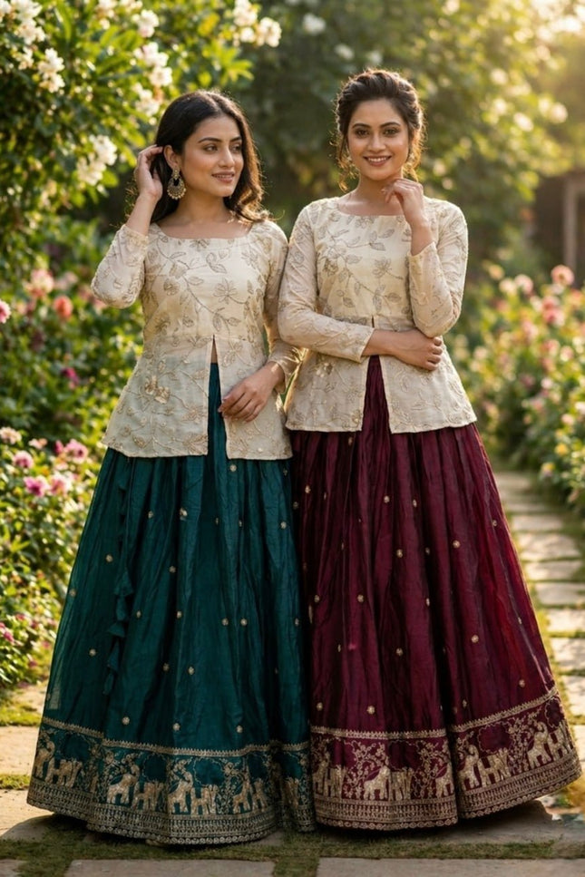 Fandy Silk Pipe & Zari Embroidered Lehenga Choli Set | Fully Stitched - Rosepetals Luxe