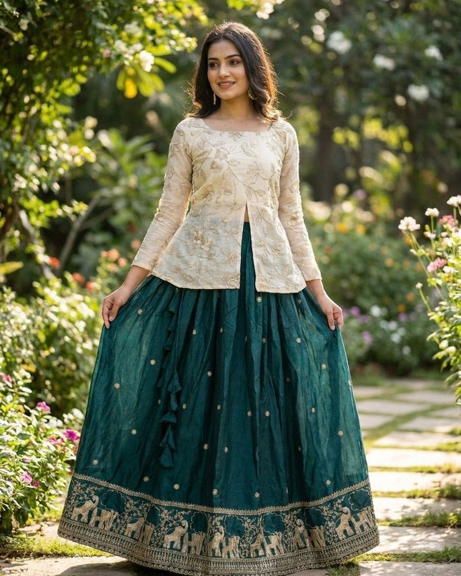 Fandy Silk Pipe & Zari Embroidered Lehenga Choli Set | Fully Stitched - Rosepetals Luxe