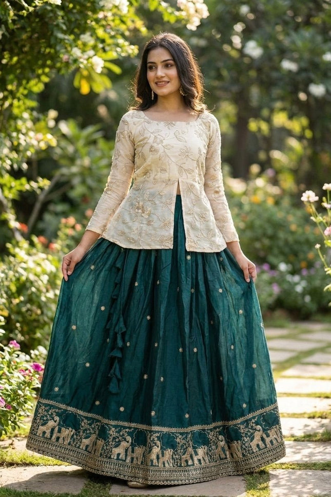 Fandy Silk Pipe & Zari Embroidered Lehenga Choli Set | Fully Stitched - Rosepetals Luxe