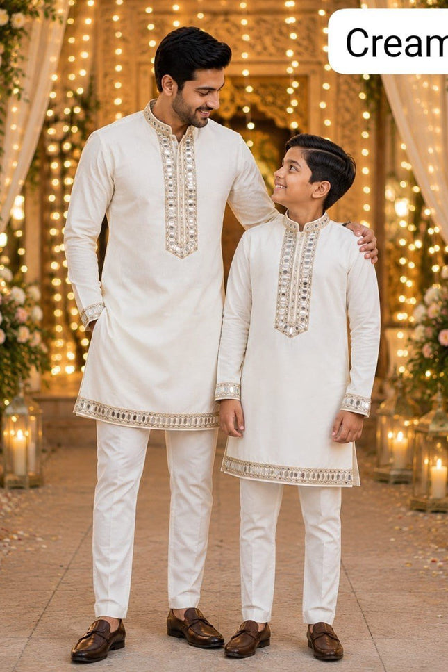 Father & Son Cotton Kurta Set | Mirror Work - Rosepetals Luxe