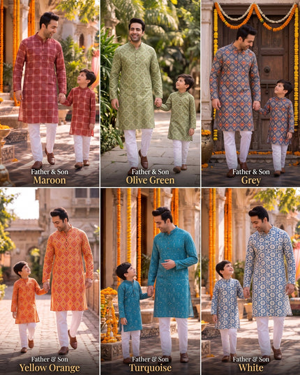 Father & Son Matching Cotton Kurta Pyjama Set - Rosepetals Luxe