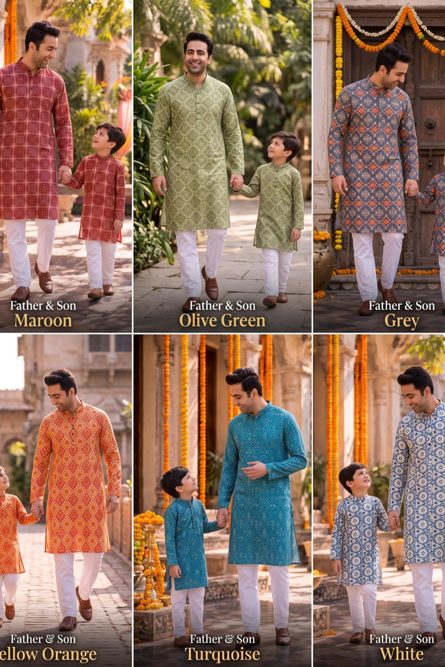 Father & Son Matching Cotton Kurta Pyjama Set - Rosepetals Luxe