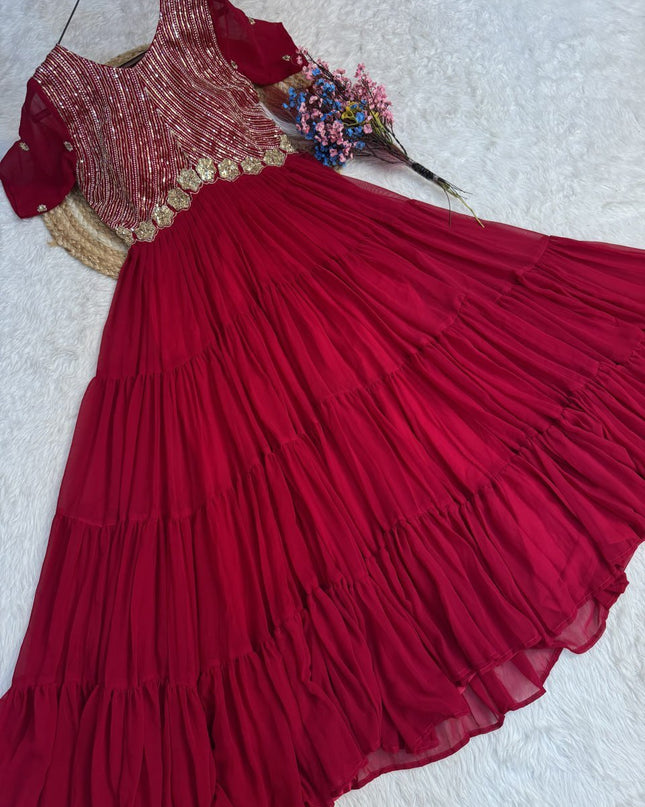 Faux Blooming Designer Gown | Zari, Sequins & Embroidery | 12 Mtr Flair | Festive Wear - Rosepetals Luxe