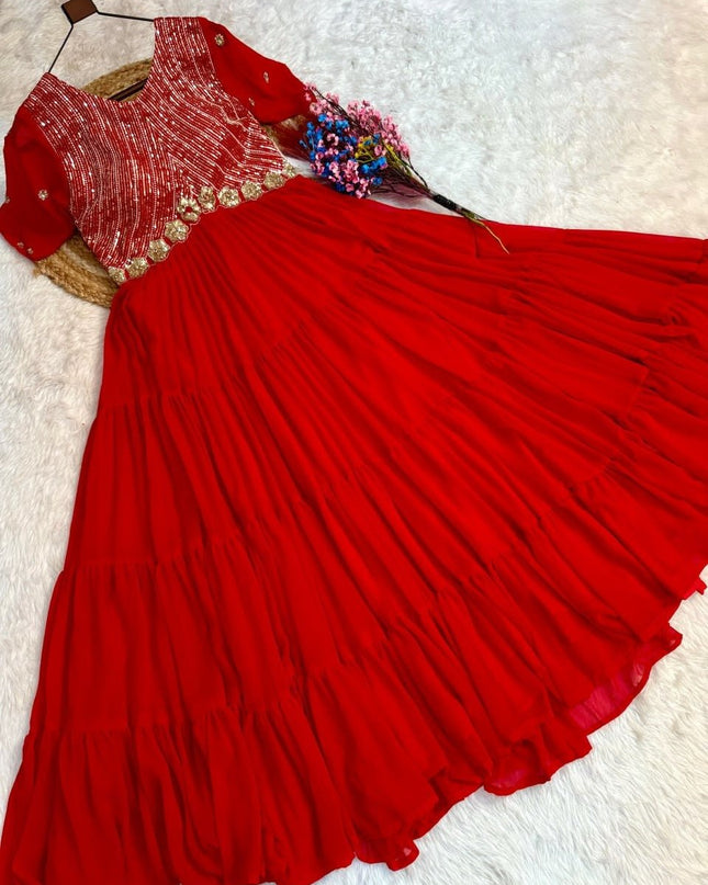Faux Blooming Designer Gown | Zari, Sequins & Embroidery | 12 Mtr Flair | Festive Wear - Rosepetals Luxe