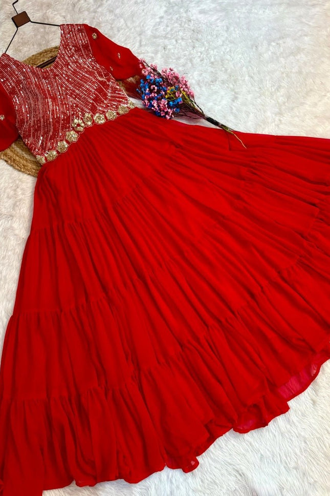 Faux Blooming Designer Gown | Zari, Sequins & Embroidery | 12 Mtr Flair | Festive Wear - Rosepetals Luxe