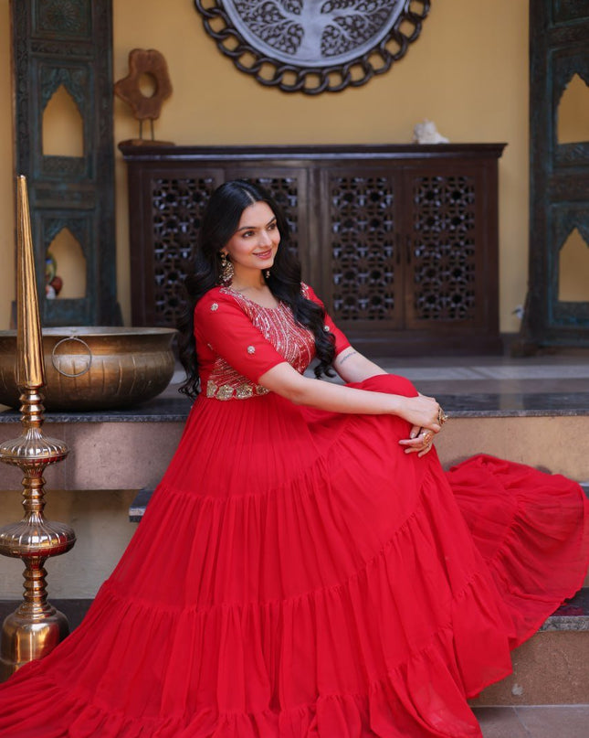 Faux Blooming Designer Gown | Zari, Sequins & Embroidery | 12 Mtr Flair | Festive Wear - Rosepetals Luxe