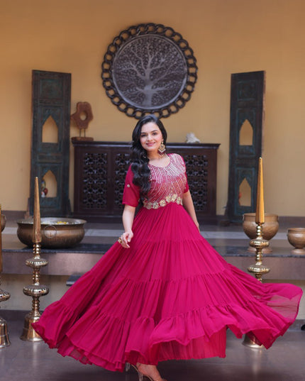 Faux Blooming Designer Gown | Zari, Sequins & Embroidery | 12 Mtr Flair | Festive Wear - Rosepetals Luxe