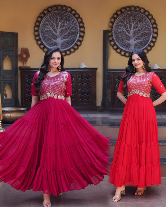 Faux Blooming Designer Gown | Zari, Sequins & Embroidery | 12 Mtr Flair | Festive Wear - Rosepetals Luxe