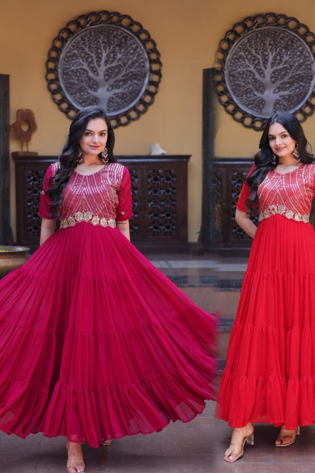 Faux Blooming Designer Gown | Zari, Sequins & Embroidery | 12 Mtr Flair | Festive Wear - Rosepetals Luxe