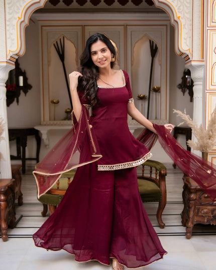 Faux Georgette 3 Piece Suit Set | Real Mirror Work & Embroidery | Fancy Lace Dupatta | Festive Wear - Rosepetals Luxe
