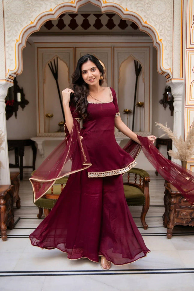 Faux Georgette 3 Piece Suit Set | Real Mirror Work & Embroidery | Fancy Lace Dupatta | Festive Wear - Rosepetals Luxe
