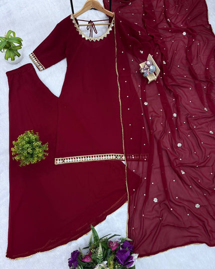 Faux Georgette 3 Piece Suit Set | Real Mirror Work & Embroidery | Fancy Lace Dupatta | Festive Wear - Rosepetals Luxe