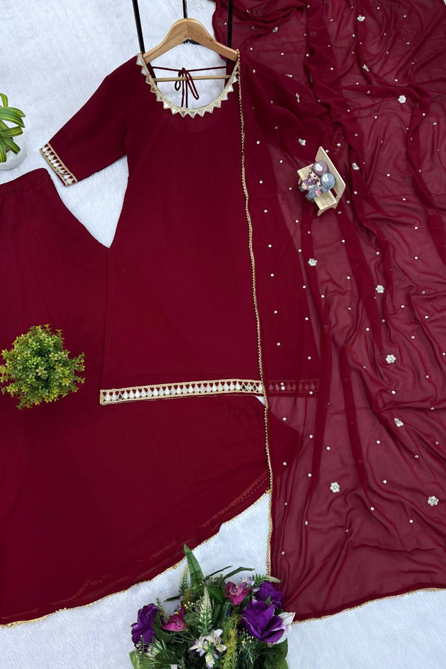 Faux Georgette 3 Piece Suit Set | Real Mirror Work & Embroidery | Fancy Lace Dupatta | Festive Wear - Rosepetals Luxe