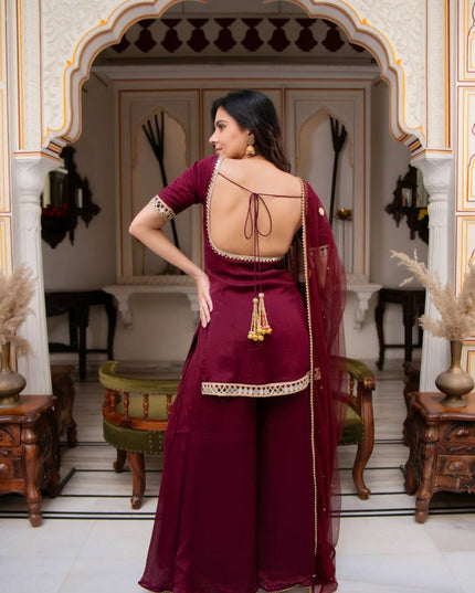 Faux Georgette 3 Piece Suit Set | Real Mirror Work & Embroidery | Fancy Lace Dupatta | Festive Wear - Rosepetals Luxe