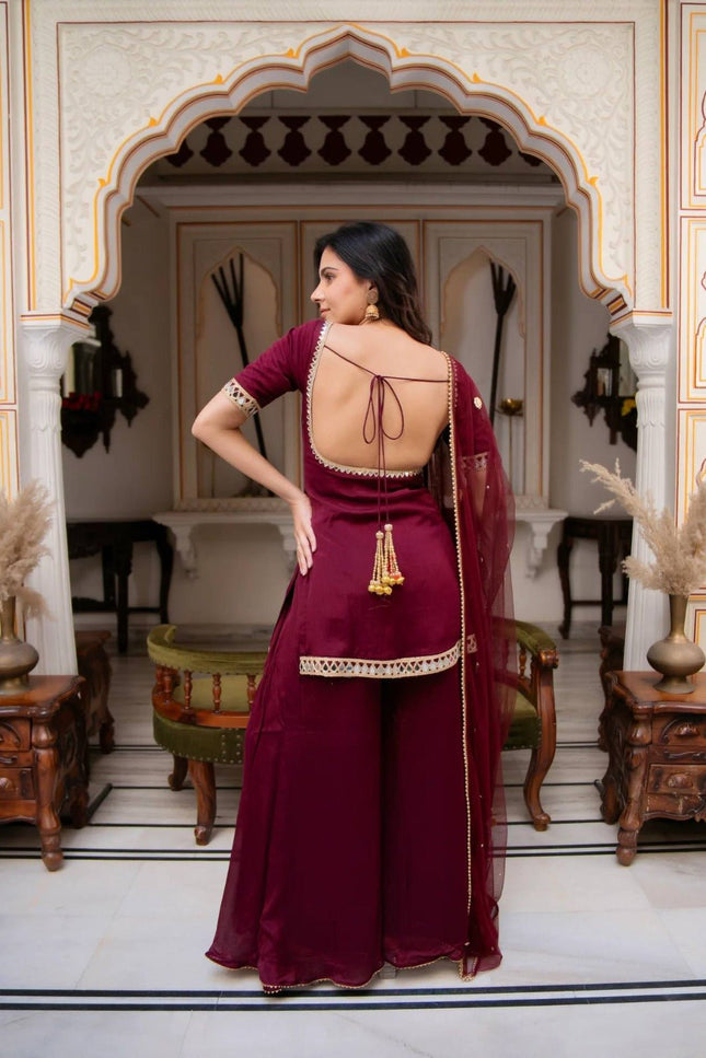 Faux Georgette 3 Piece Suit Set | Real Mirror Work & Embroidery | Fancy Lace Dupatta | Festive Wear - Rosepetals Luxe