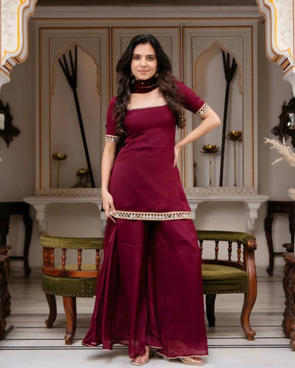 Faux Georgette 3 Piece Suit Set | Real Mirror Work & Embroidery | Fancy Lace Dupatta | Festive Wear - Rosepetals Luxe