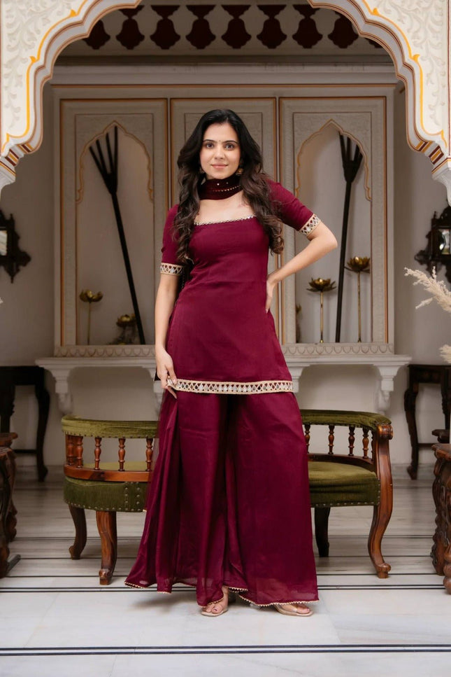 Faux Georgette 3 Piece Suit Set | Real Mirror Work & Embroidery | Fancy Lace Dupatta | Festive Wear - Rosepetals Luxe