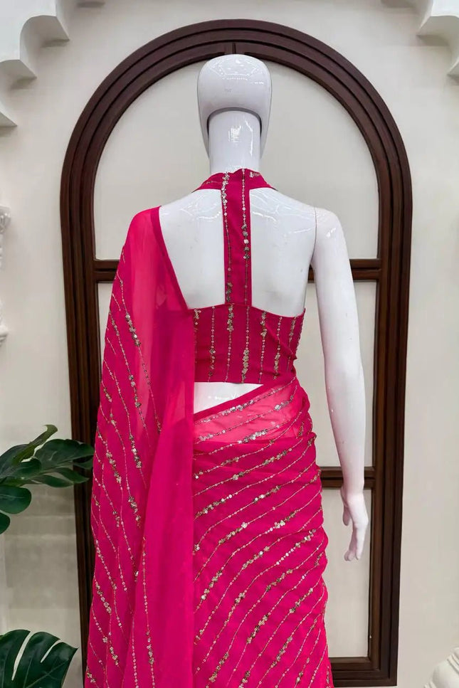 Faux Georgette Fishcut Lehenga Saree with Thread & Sequins Embroidery | Fully Stitched | Festive Party Wear - Rosepetals Luxe
