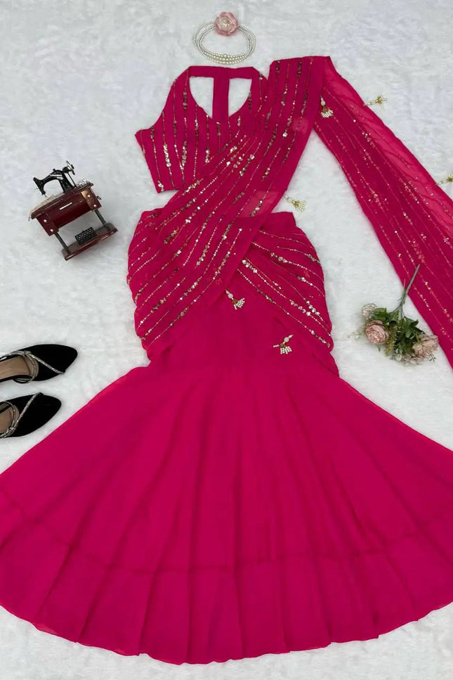Faux Georgette Fishcut Lehenga Saree with Thread & Sequins Embroidery | Fully Stitched | Festive Party Wear - Rosepetals Luxe