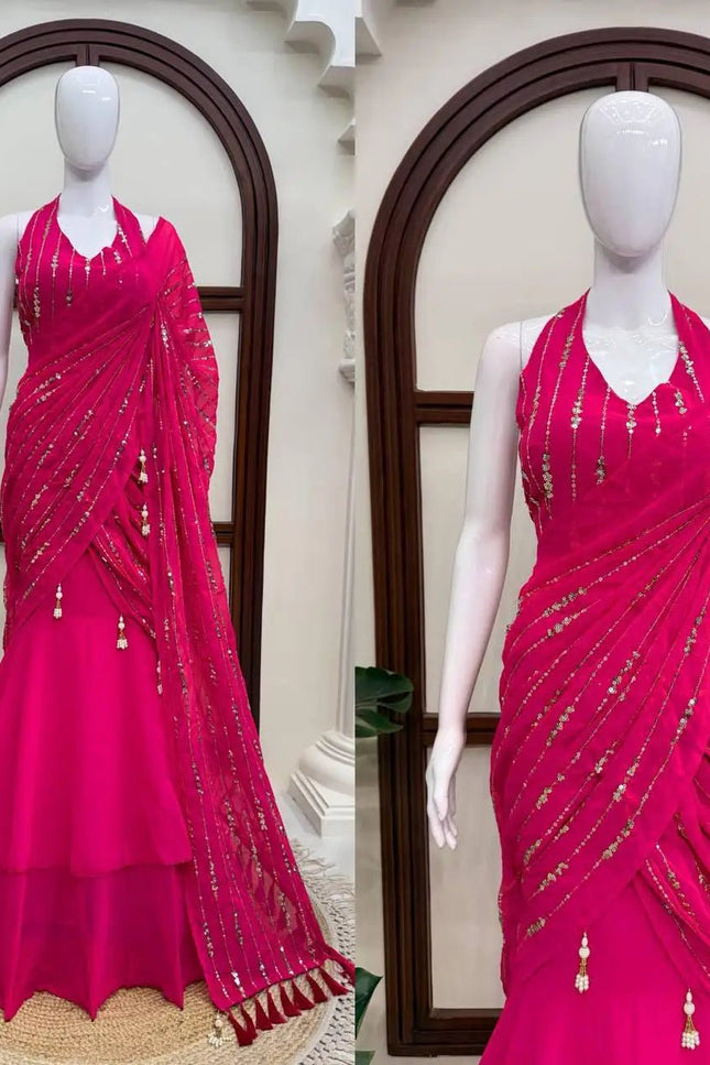 Faux Georgette Fishcut Lehenga Saree with Thread & Sequins Embroidery | Fully Stitched | Festive Party Wear - Rosepetals Luxe