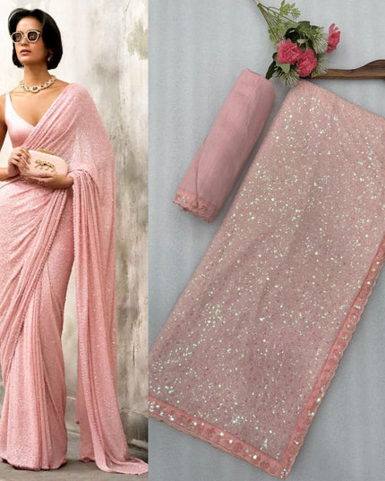 Faux Georgette Khichdi Sequins Saree with Silk Blouse Piece - Rosepetals Luxe
