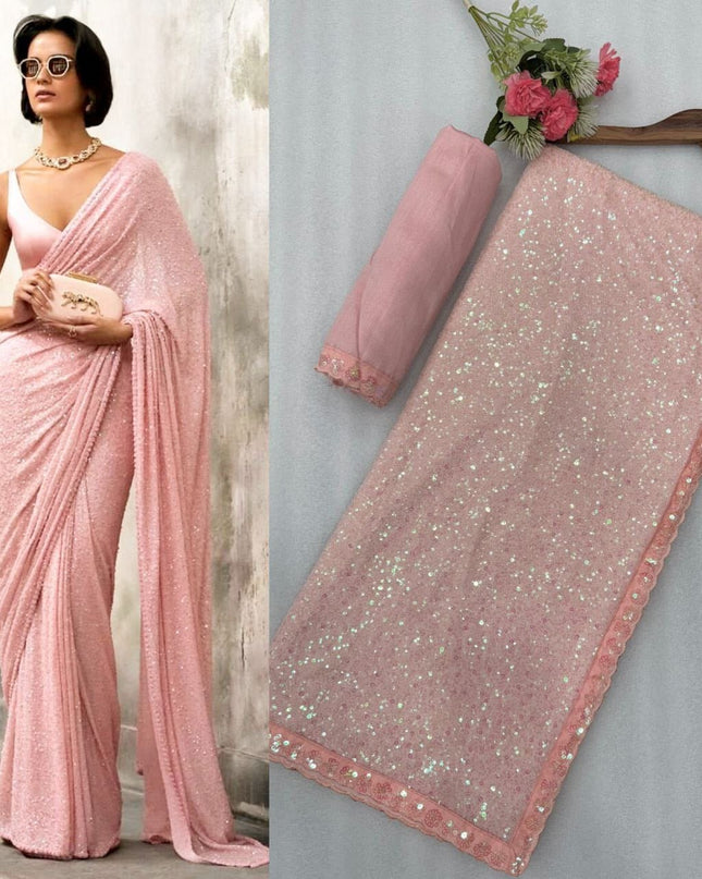 Faux Georgette Khichdi Sequins Saree with Silk Blouse Piece - Rosepetals Luxe