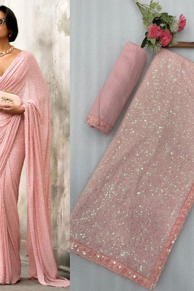 Faux Georgette Khichdi Sequins Saree with Silk Blouse Piece - Rosepetals Luxe