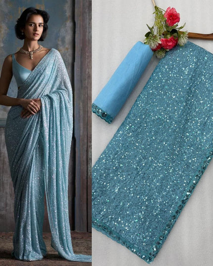 Faux Georgette Khichdi Sequins Saree with Silk Blouse Piece - Rosepetals Luxe