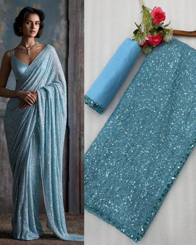 Faux Georgette Khichdi Sequins Saree with Silk Blouse Piece - Rosepetals Luxe
