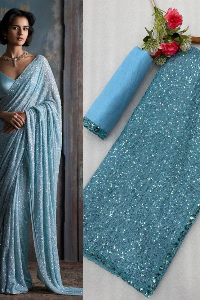 Faux Georgette Khichdi Sequins Saree with Silk Blouse Piece - Rosepetals Luxe