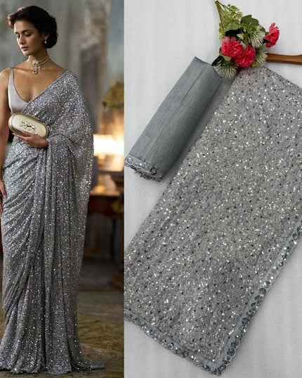 Faux Georgette Khichdi Sequins Saree with Silk Blouse Piece - Rosepetals Luxe