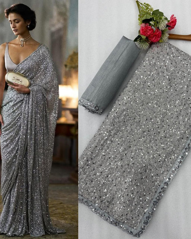 Faux Georgette Khichdi Sequins Saree with Silk Blouse Piece - Rosepetals Luxe