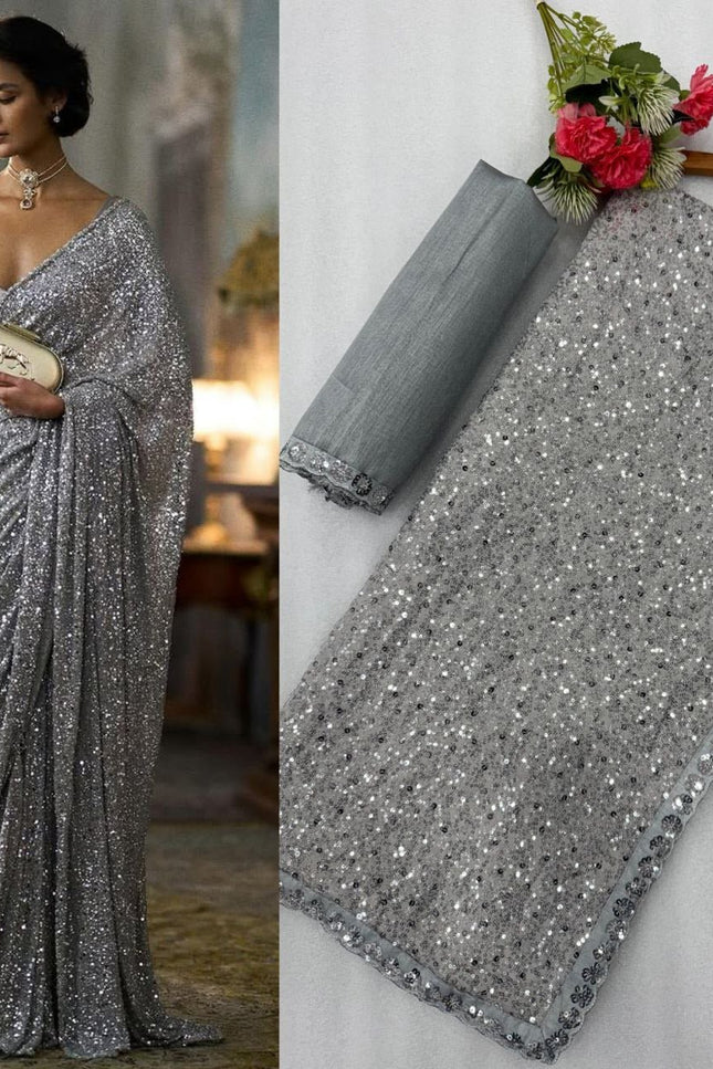 Faux Georgette Khichdi Sequins Saree with Silk Blouse Piece - Rosepetals Luxe