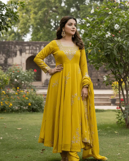 Faux Georgette Kurti Pant Dupatta Set with Sequin Embroidery | Festive Party Wear - Rosepetals Luxe