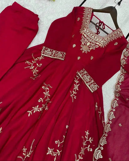 Faux Georgette Kurti Pant Dupatta Set with Sequin Embroidery | Festive Party Wear - Rosepetals Luxe