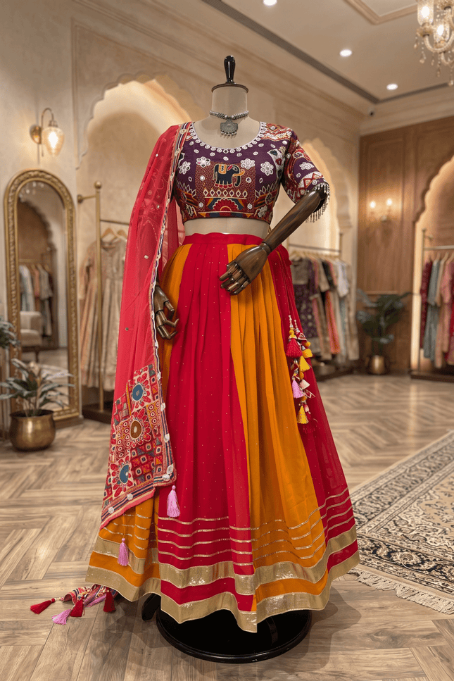 Faux Georgette Navratri Lehenga Choli Set with Mirror Work - Rosepetals Luxe
