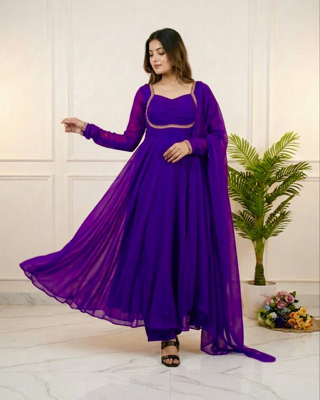 Faux Georgette Party Wear Gown with Pant and Dupatta Set | Rainbow Sequins Zari Embroidery - Rosepetals Luxe