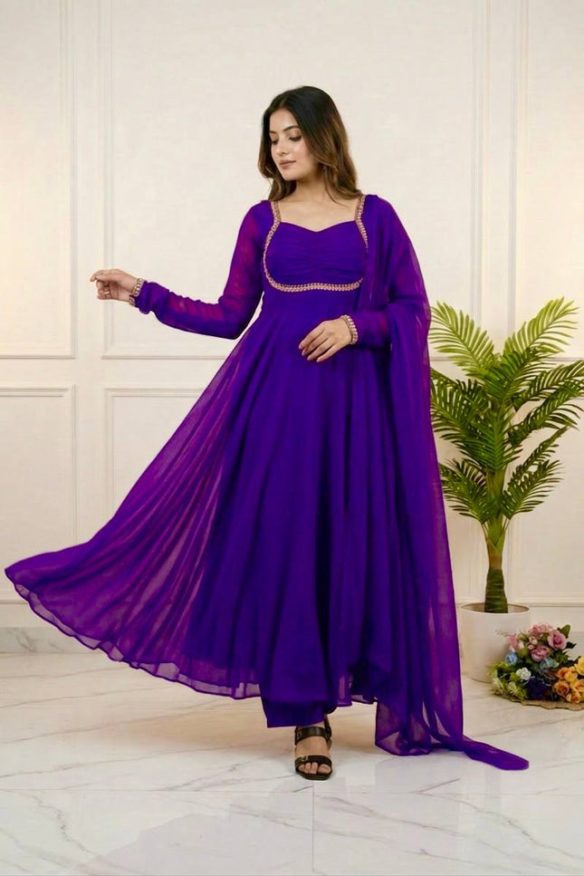 Faux Georgette Party Wear Gown with Pant and Dupatta Set | Rainbow Sequins Zari Embroidery - Rosepetals Luxe
