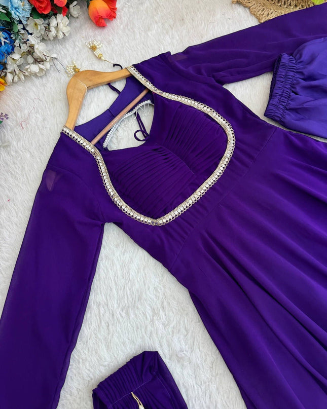 Faux Georgette Party Wear Gown with Pant and Dupatta Set | Rainbow Sequins Zari Embroidery - Rosepetals Luxe