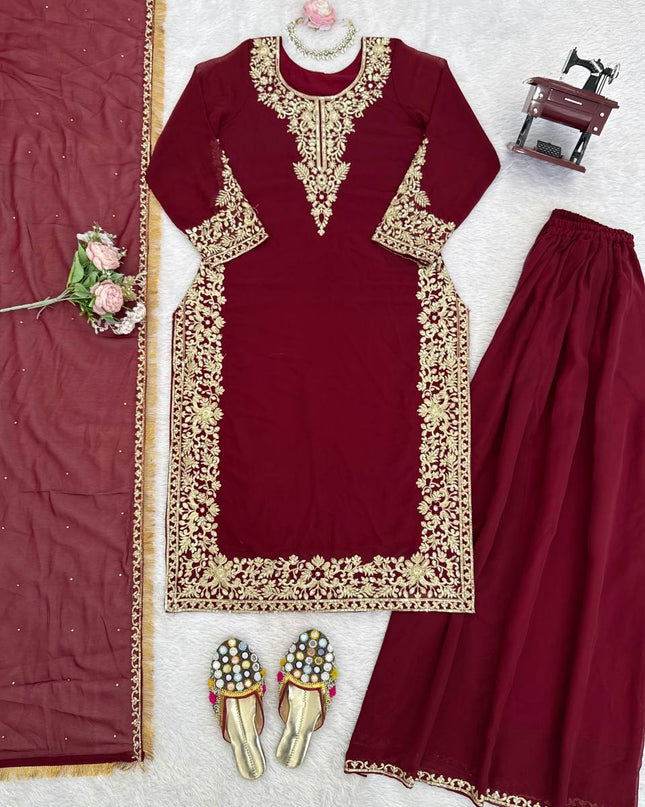 Faux Georgette Plazo Set | Thread & Sequence Embroidery | 3-Piece Ethnic Suit - Rosepetals Luxe