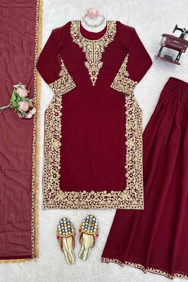 Faux Georgette Plazo Set | Thread & Sequence Embroidery | 3-Piece Ethnic Suit - Rosepetals Luxe