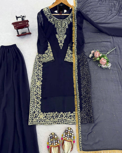 Faux Georgette Plazo Set | Thread & Sequence Embroidery | 3-Piece Ethnic Suit - Rosepetals Luxe