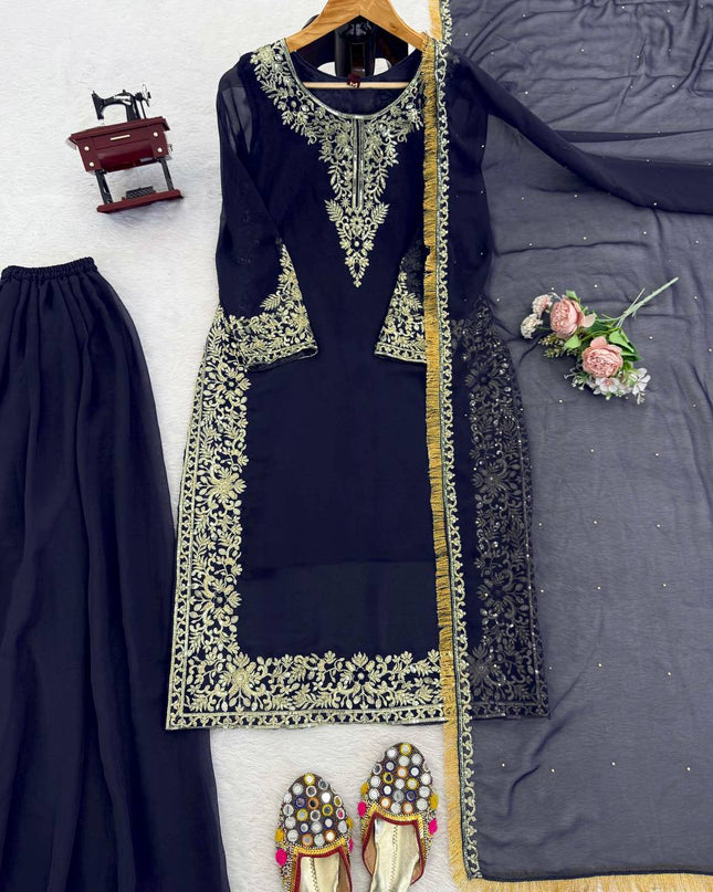 Faux Georgette Plazo Set | Thread & Sequence Embroidery | 3-Piece Ethnic Suit - Rosepetals Luxe