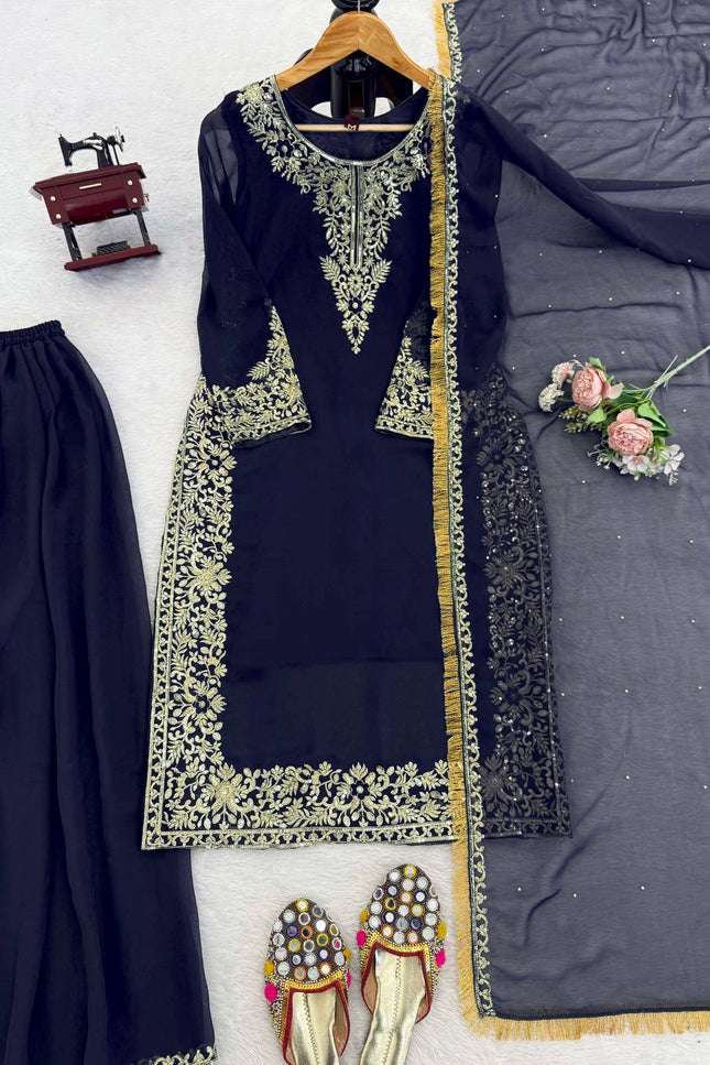 Faux Georgette Plazo Set | Thread & Sequence Embroidery | 3-Piece Ethnic Suit - Rosepetals Luxe
