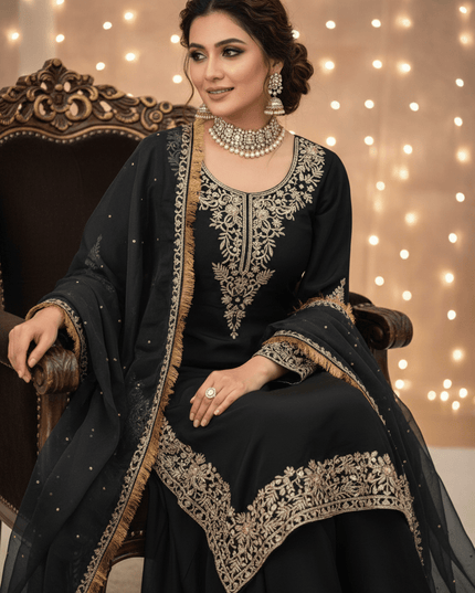 Faux Georgette Plazo Set | Thread & Sequence Embroidery | 3-Piece Ethnic Suit - Rosepetals Luxe